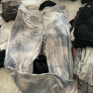 light blue and white tie dyed joggers